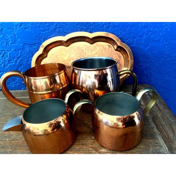 Vintage Copper set of plate and 2 cups and cream and sugar bowl - Picture 1 of 9